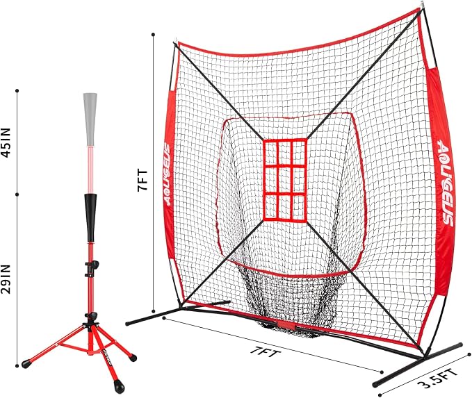 7'X7' Baseball Softball Practice Net,Pitching Net,Batting Net,with Baseball Tee,Bonus Strike Zone and Bow Frame,for Hitting,Pitching, Catching