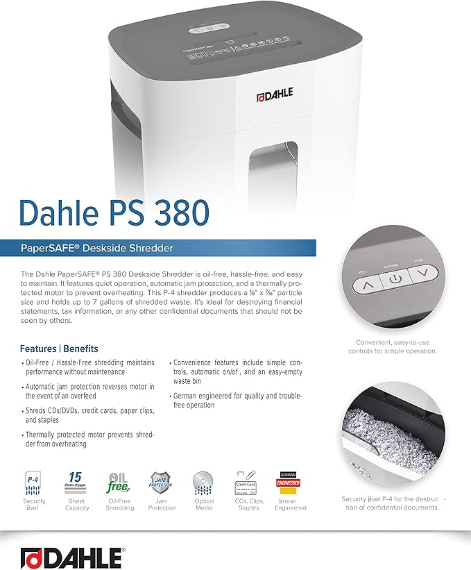 Dahle PaperSAFE PS 380 Paper Shredder, Oil Free, Jam Protection, Security Level P-4, 15 Sheet Max, Shreds CDs, Staples, Paper Clips & Credit Cards