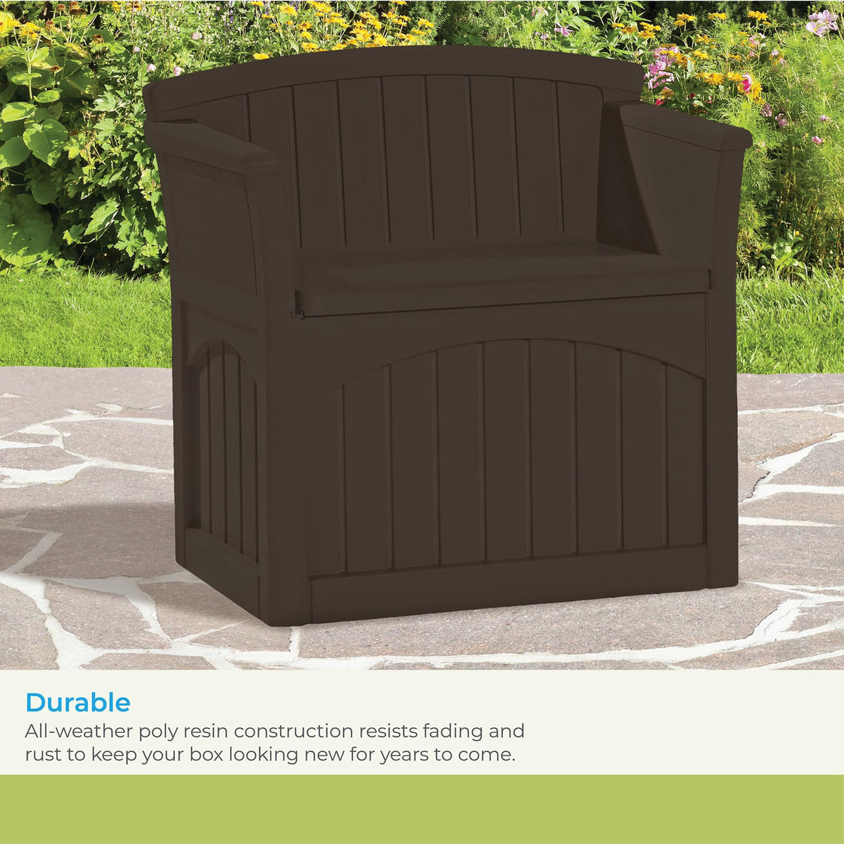 Suncast 31 Gallon Outdoor Backyard Garden Patio Seat Storage and Bench Chair with Arm Rest, Java