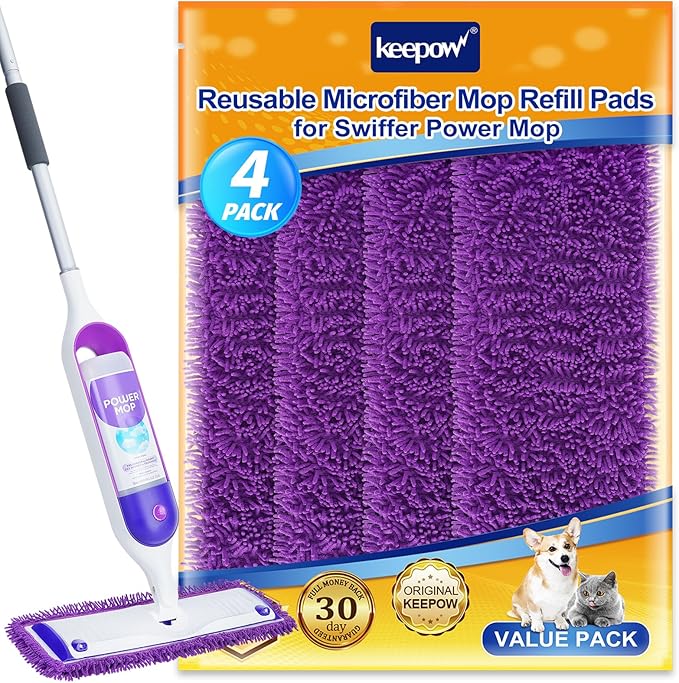 KEEPOW Reusable Microfiber Mop Pads Compatible with Swiffer PowerMop 4 Pack, Power Mop Pads Refills for 13 ''-15 '' Spray Mop, Machine Washable Pad Replacement for Multi-Surface Floor Cleaning