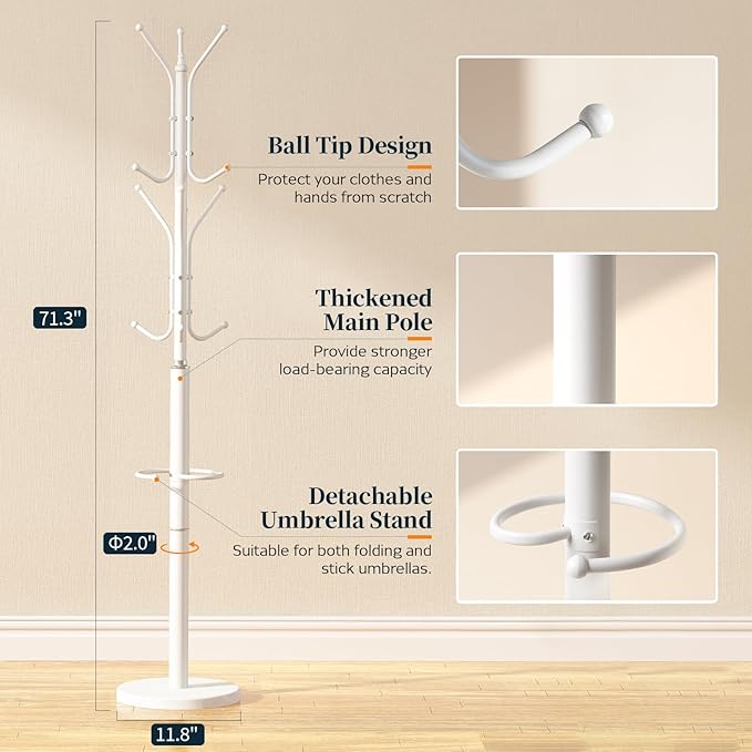 Yoobure Metal Coat Rack Freestanding with Marble Base, Coat Tree with 12 Hooks & Umbrella Holder, Coat Hanger Stand for Corner Entryway Bedroom Office, Heavy Duty Coat Rack Stand for Clothes Hats Bags