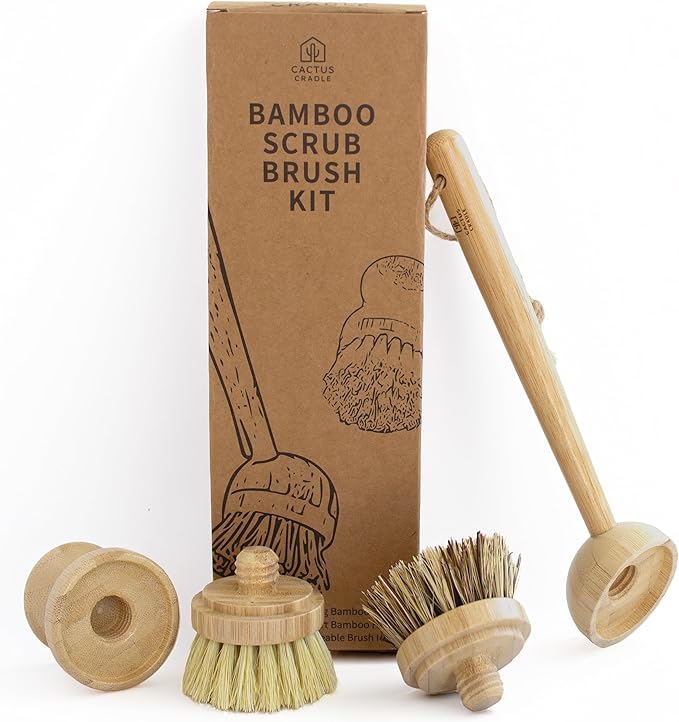 Cactus Cradle Bamboo Scrub Brush Kit – 4-Piece Dish Brush Set with 2 Handles & 2 Interchangeable Heads | Plastic-Free, Non-Toxic, Non-Scratch Cleaning for Dishes, Pots, Pans & Produce