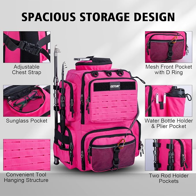 Goture Fishing Backpack, 900D Water-Resistant Tackle Backpack with Rod Holders, 45L Large Fishing Bag Storage Gear Tackle Bag with 8 Lure Pockets, Rain Cover for Camping Hiking(Without Tackle Box)