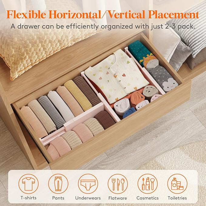 Lifewit 24 Pack Drawer Dividers 4" High, 11-17" Adjustable Dresser Drawer Organizers for Clothes, Expandable Dresser Separators in Bedroom/Bathroom/Kitchen/Vanity/Office Organization and Storage,Pink
