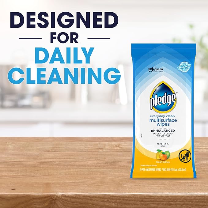 Pledge Multisurface Cleaning Wipes, pH Balanced, Fresh Citrus, 25 Count (Pack of 4, 100 Total Wipes)