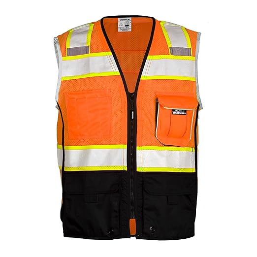 Kishigo Men's High Visibility Reflective Premium Black Series Black Bottom Vest 1516, Zipper Closure, Polyester, ANSI 107 Type R/Class 2, Construction, Utility, Waste Management (Orange, 3X)
