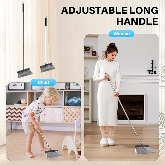 JOYMOOP Black Broom and Dustpan Set, Upright Angle Design with Built-in Comb Teeth for Home, Office, Hardwood Floors, Pet Hair