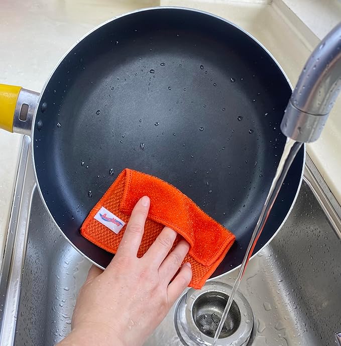 16 Pack Microfiber Scrub Dish Cleaning Cloth, Non-Scratch, Reusable & Durable for Pan Pot Dish Cooktop Stovetop Counter Kitchen Household, Machine Washable, 6 x 6 Inch, Orange & Green Assorted
