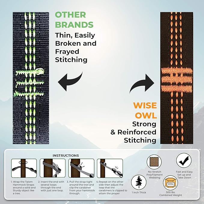 Wise Owl Outfitters Hammock Straps for Trees – 10ft Heavy-Duty Tree Hanging Kit with Carabiners, 38 Loops & Hooks – Essential Hammock Accessories for Camping