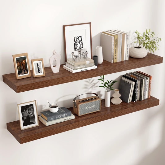 Venusmiles Floating Shelves for Wall, Engineered Wood Wall Shelves with Invisible Brackets for Living Room Bedroom Bathroom Office Kitchen Decor and Storage (Walnut, 48" W x 9" D x 1.5" H) Set of 2