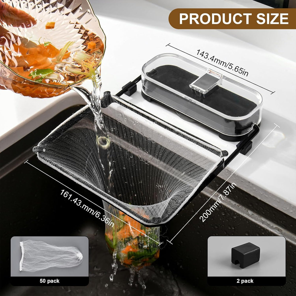 Kitchen Sink Drain Strainer Basket Holder - 50 Mesh Net Bags for Food Scraps, Kitchen Sink Food Catcher & Garbage Disposal Strainer (black)