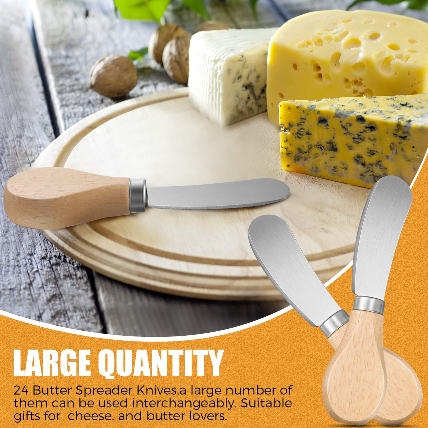 Lanties 24 Pcs Little Cheese Spreader Knives 4.7 Inch Stainless Steel Butter Spreader with Wooden Handle Mini Butter Knives Small Cheese Utensils for Charcuterie Board Cream Cake Condiment Sandwich