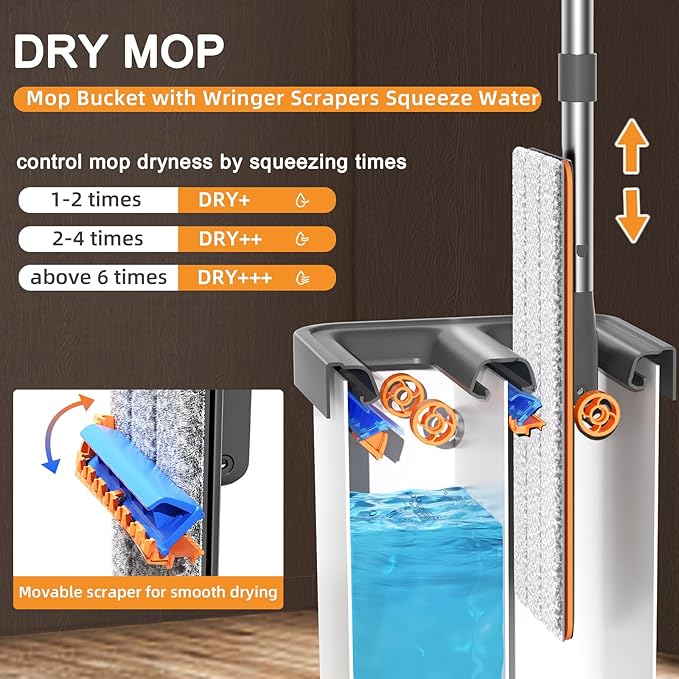 MOPALL Mop and Bucket with Wringer Set for Home, Hands-Free Flat Mop and Bucket Set for Floor Cleaning and Window Wall Cleaner, Wet and Dry Mop with 61" Long Handle and 3 Microfiber Pads