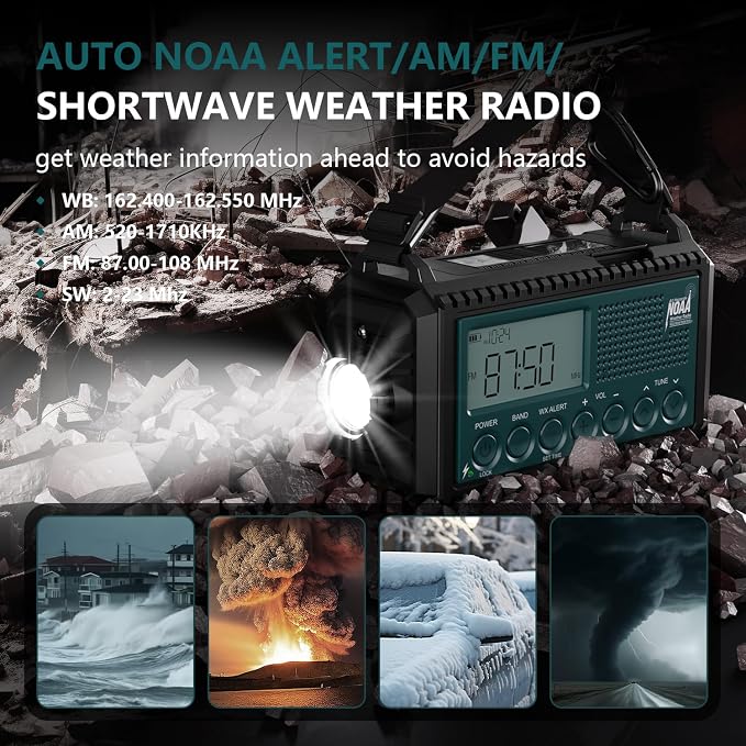 NOAA Emergency Weather Radio with Auto Alerts, 5000mAh Solar Hand Crank AM/FM/SW Shortwave Radio with Flashlight, Reading Lamp, Phone Charger, SOS Alarm, Survival Gear, Time Clock & Large LCD Display