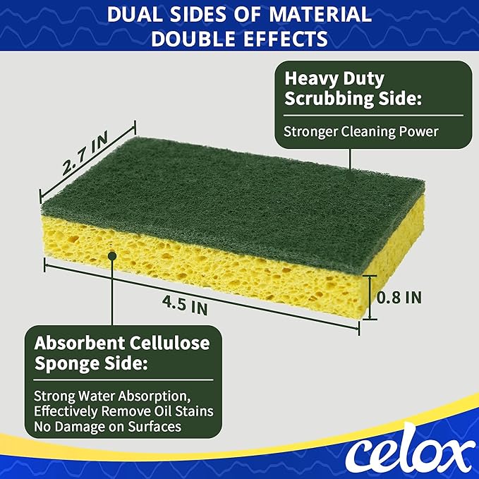 CELOX 36 Pack Dish Sponge for Kitchen, Dual Sided Scrub Sponge Heavy Duty, Non-Scratch Sponges Perfect for Kitchen Dishwashing and Household Cleaning, Highly Absorbent and Easy to Dry for Reuse