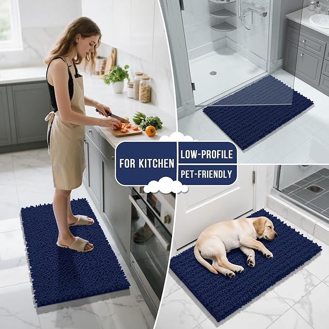Yimobra Bathroom Rugs Non Slip Washable 24x17 Inch - Ultra Soft Absorbent Chenille Bath Mat, Quick Dry Shaggy Floor Carpet for Tub Shower, Navy Blue Home Decor Accessories
