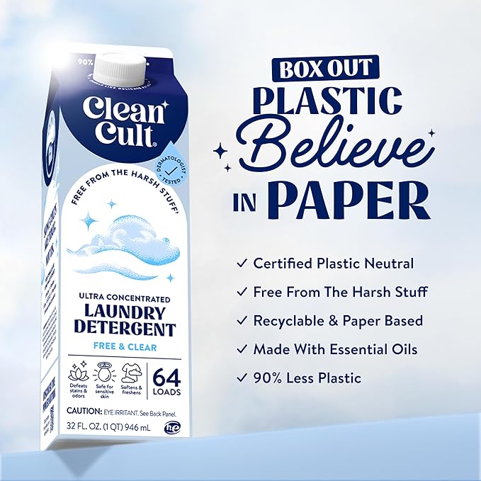 Ultra Concentrated Liquid Laundry Detergent Soap, 64 loads (32 oz), 90% Less Plastic, No Harsh Chemicals, Free & Clear, Defeats Stains & Odors, Eco-friendly, HE/Standard Compatible