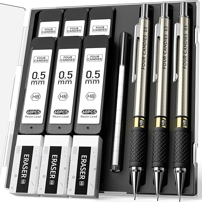 Four Candies Metal Mechanical Pencil Set - 3PCS 0.5mm Art Mechanical Pencils & 360PCS HB Lead Refills & 3PCS Erasers & 9PCS Eraser Refills, Drawing Mechanical Pencils for Writing, Sketching -With Case