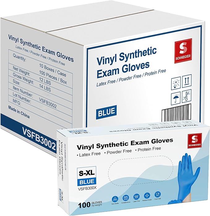 Schneider Vinyl Synthetic Exam Gloves, 4 Mil, Latex Free Disposable Gloves for Medical, Cooking, Cleaning, and Food Prep
