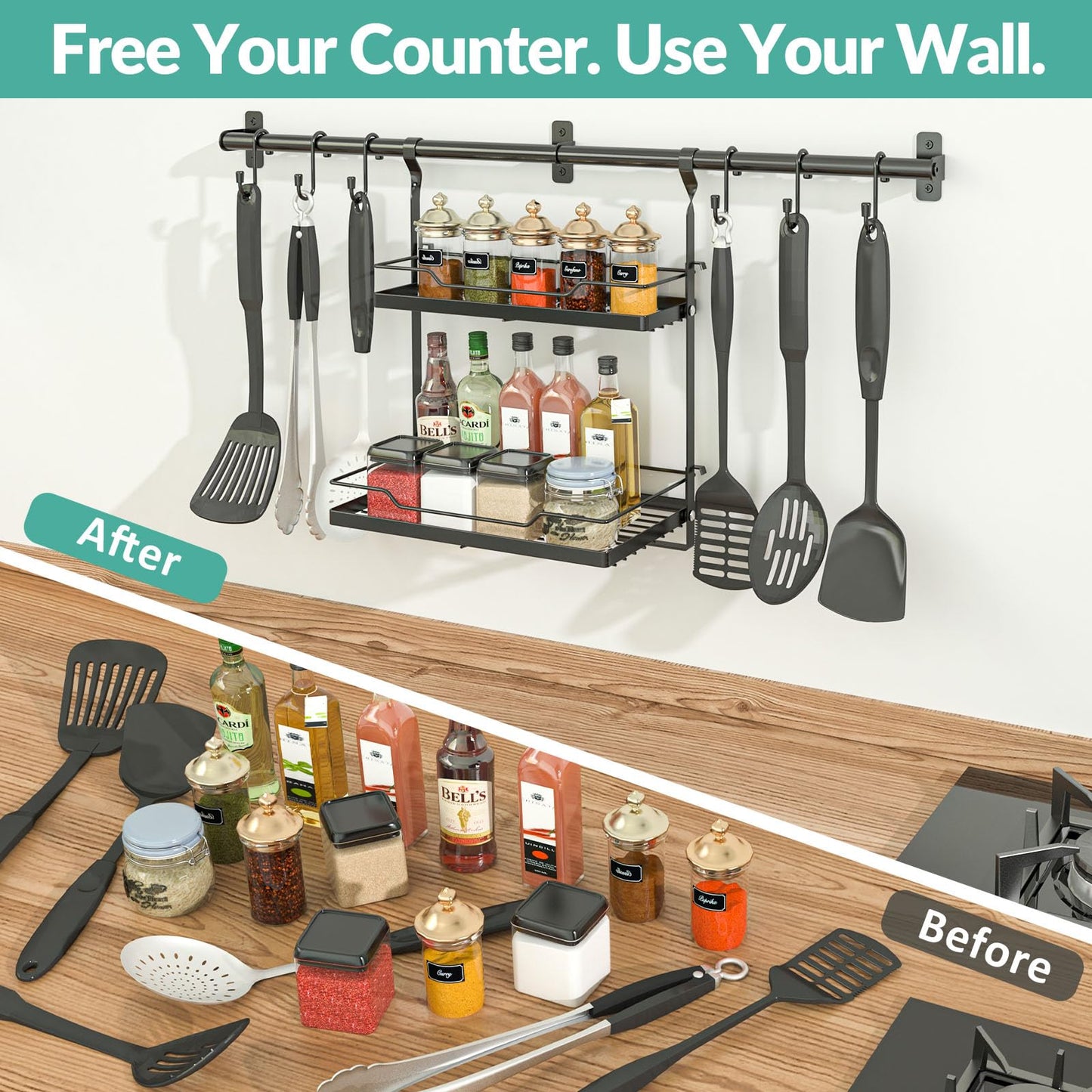 NADAMOO Spice Rack Wall Mount, 2-Tier Storage Shelf with Towel Bar, Utensil Hanger with Hooks for Kitchen, Bathroom, Pantry, Laundry, Matte Black Heavy Duty Metal Organizer