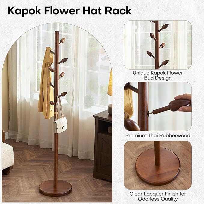Wooden Coat Rack Freestanding - Heavy Duty Coat Tree Stand with 8 Bud-Shaped Hooks, Sturdy Round Base Coat Hanger for Entryway, Bedroom, Jackets & Clothes, 200lbs Capacity (Walnut)