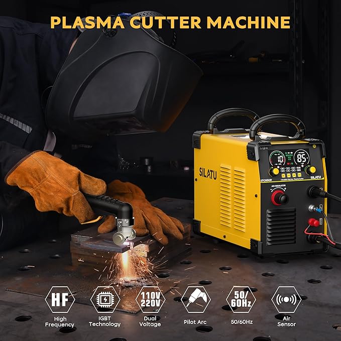 SILATU 85Amps Plasma Cutter, Large LED Display, Non-Touch Pilot Arc, Air Sensor Technology, 110/220V Dual Voltage IGBT Inverter Plasma Cutter Machine, 1'' Clean Cutting Thickness for Beginners DIY