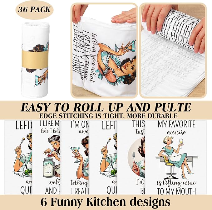36 Pack Reusable Cleaning Cloths Washable Cotton Kitchen Towels for Home(Funny Style,Retro)