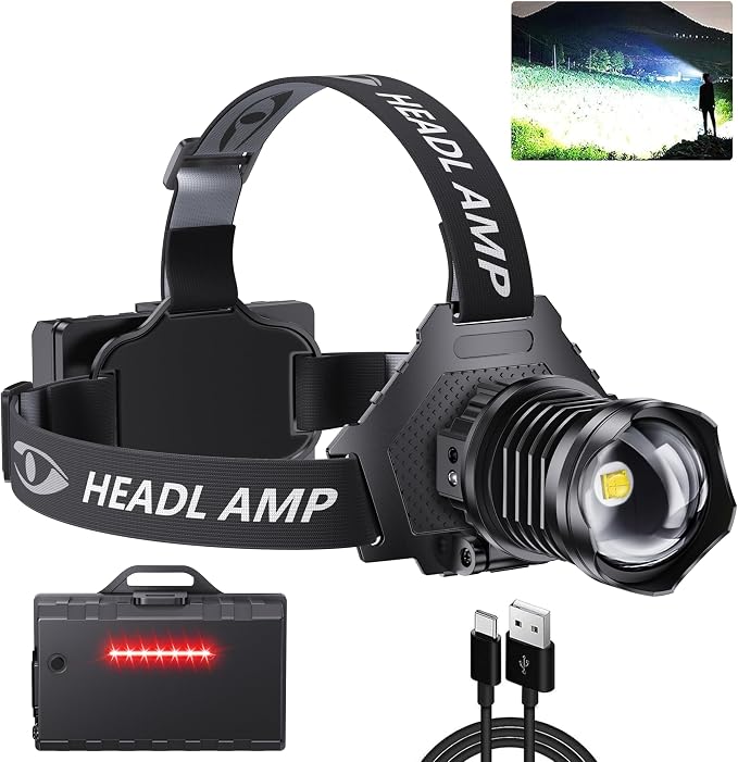 AMAKER LED Rechargeable Headlamp, High Lumens Super Bright with 5 Modes & IPX7 Level Waterproof USB Rechargeable Zoom Headlamp, 90° Adjustable for Outdoor Camping, Running, Cycling, Climbing