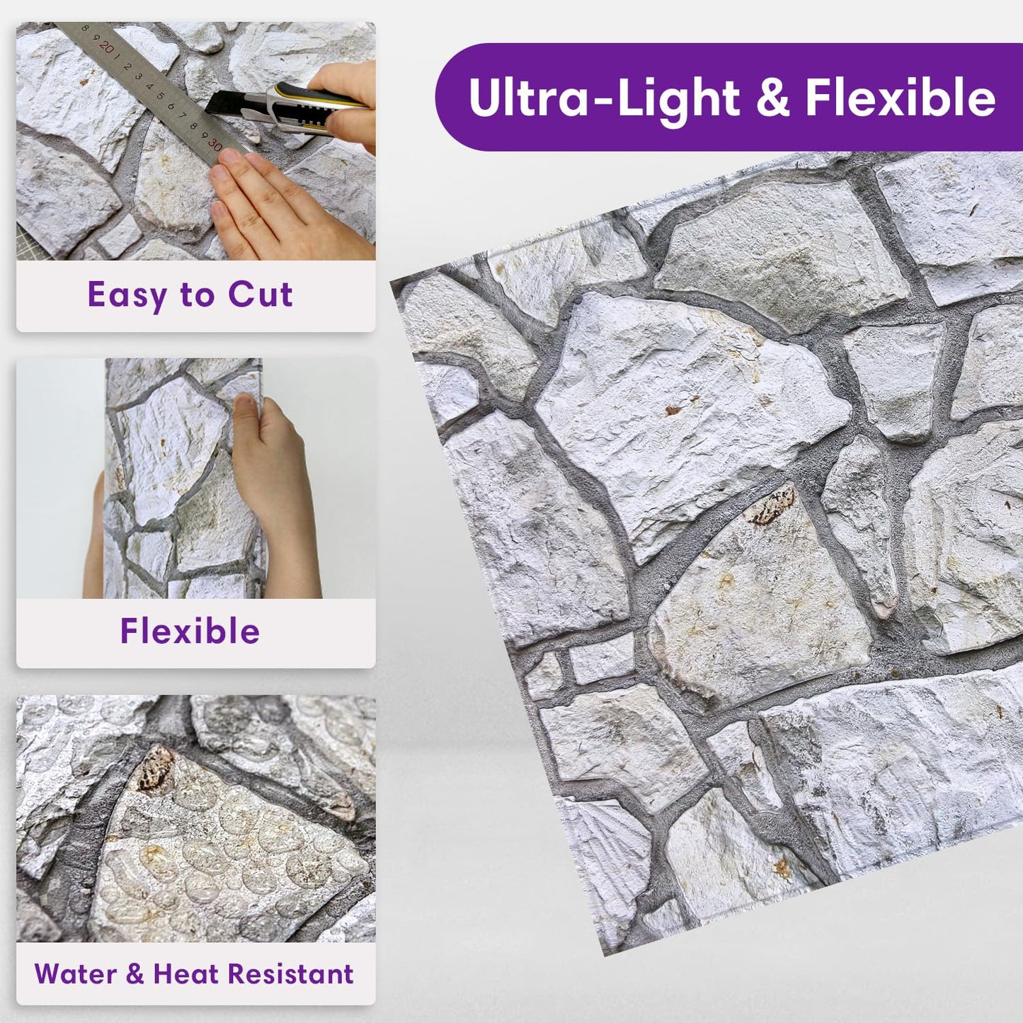 SMOOSTIKC 3D Faux Stone Wall Panels Peel and Stick, 10 Pcs 11.8" x 11.8", Stone-Look Textured Wall Sticker, Ultra-Light Thin PVC Fake Stone Wall Covering Tiles for Quick DIY, Whitewash Grey