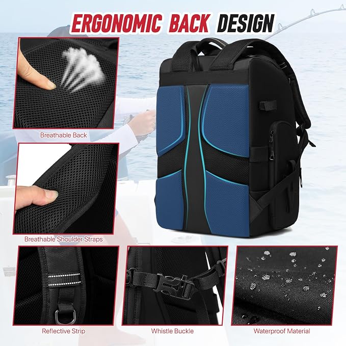 Fishing Tackle Backpack,40L Tackle Bag with 2 Rod Holders,Water-Resistant Large Storage Fishing Gear and Equipment(Black)