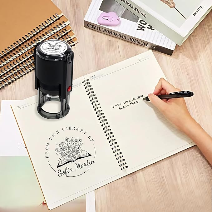Customized Stamp Self Inking with Personalized Logo&Text Reusable Business Stamp for Book Lovers Teachers Librarians Ideal Gift for Birthday Holidays