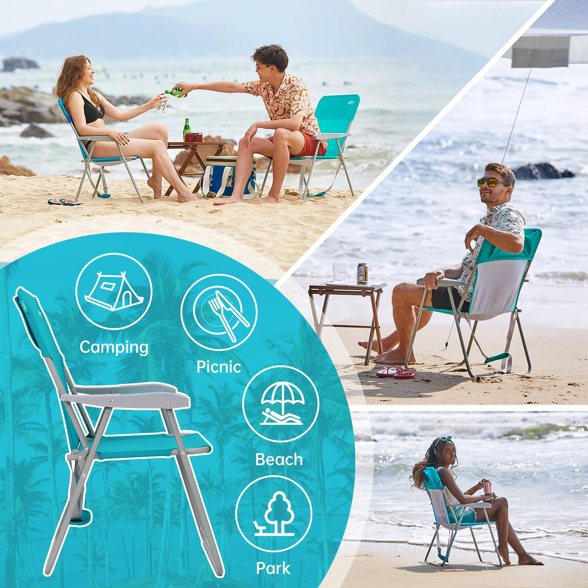 #WEJOY Folding Beach Chair for Adults, Lightweight Beach Chair with Shoulder Straps, High Back Camping Chairs with Hard Armrest, Supports 300lbs for Outdoor Lawn Concert (Cyan)