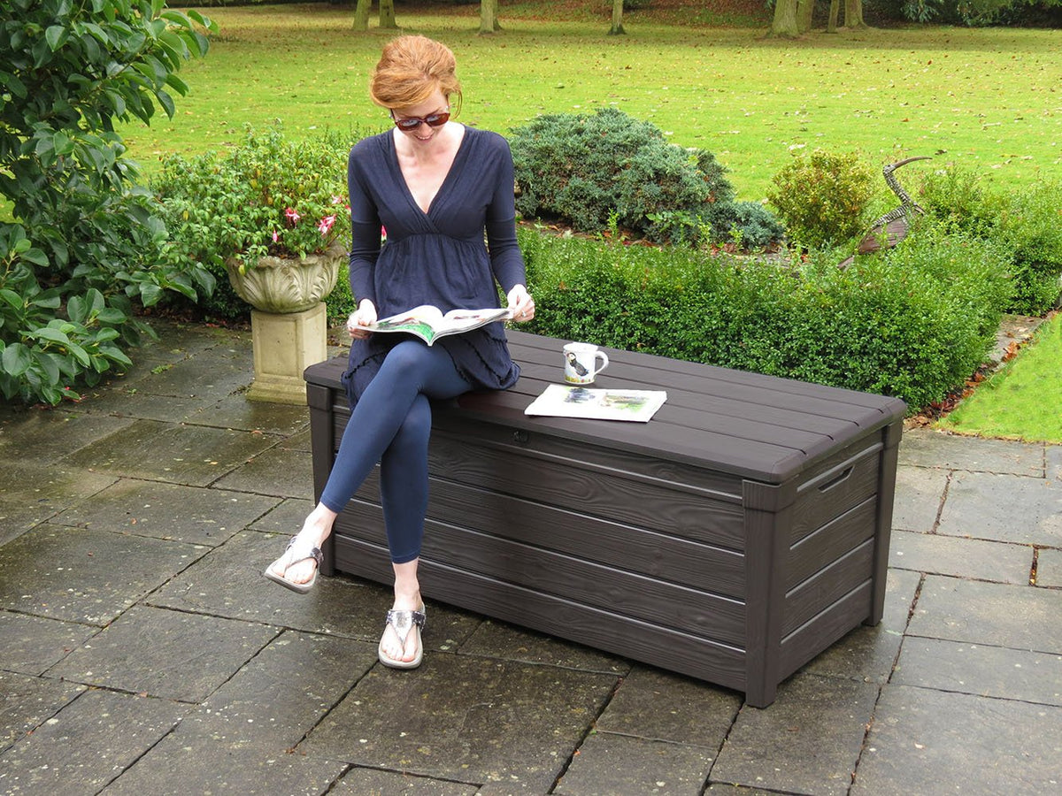 Keter Brightwood 120 Gallon Resin Large Deck Box for Patio Garden, Outdoor Cushion Storage, Pool Accessories, Tools, Grey