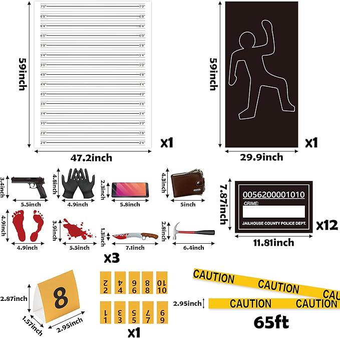 Ticiaga 50pcs Crime Scene Decors Kits, Body Silhouette Crime Scene Tape Evidence Markers and Bloody Sticker and Photo-Booth Props with Height Chart Backdrop Poster, Home for Crime Scene Party Decors