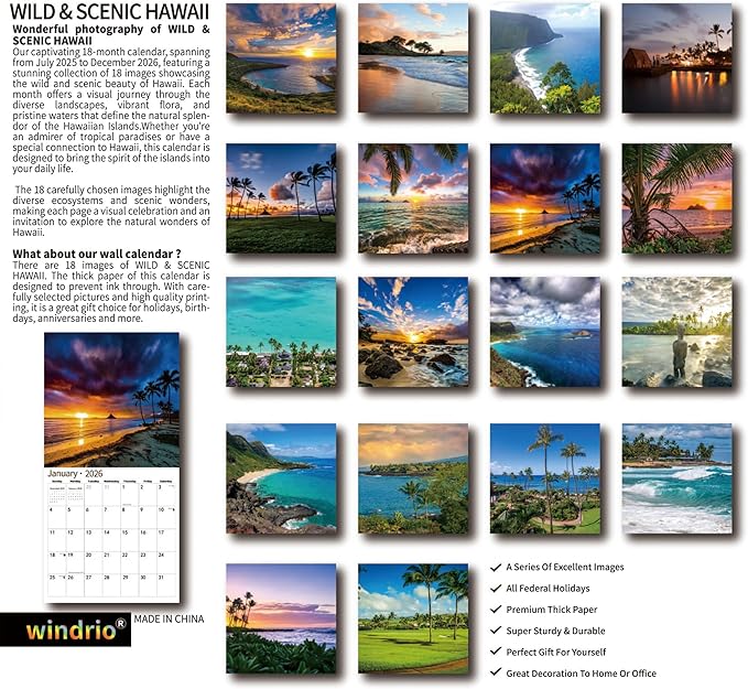 2026 Wall Calendar,Calendar 2026, July 2025 - December 2026, Wall Calendar Wild & Scenic Hawaii, 12" x 24" Opened,Full Page Months Thick & Sturdy Paper for Calendar Organizing & Planning