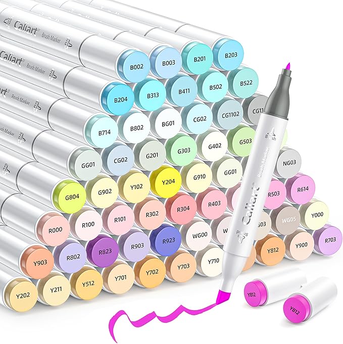 Caliart Pastel Markers, 61 Colors Dual Tip Alcohol Markers, Easter Basket Stuffers for Kids, Teens, Toddlers - Sketch Pens Permanent Art Set for Adults, Book & Egg Decorations