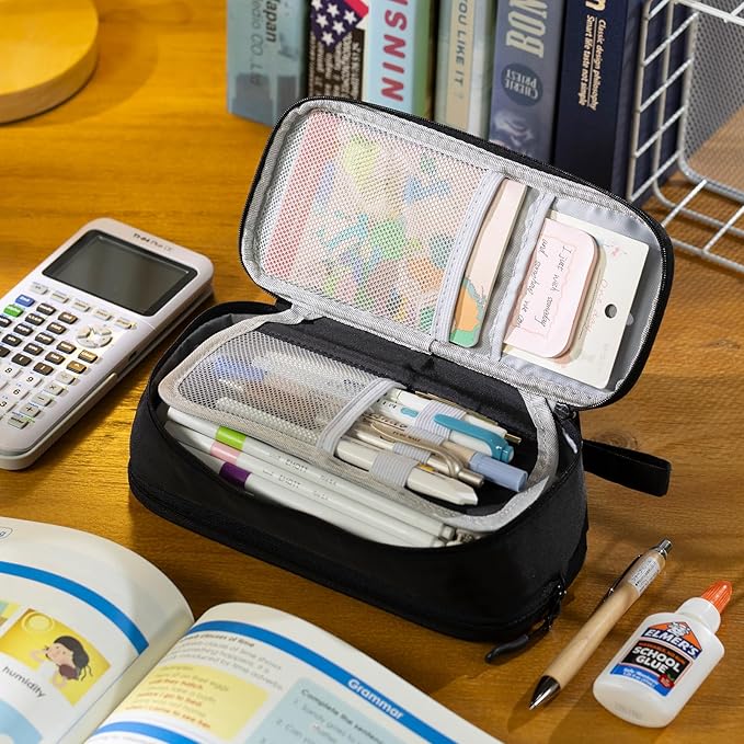 CICIMELON Large Pencil Case Big Storage Pen Pouch Bag with Compartment for School Supplies Office College Teen Boys Girls Adults, Upgraded Black
