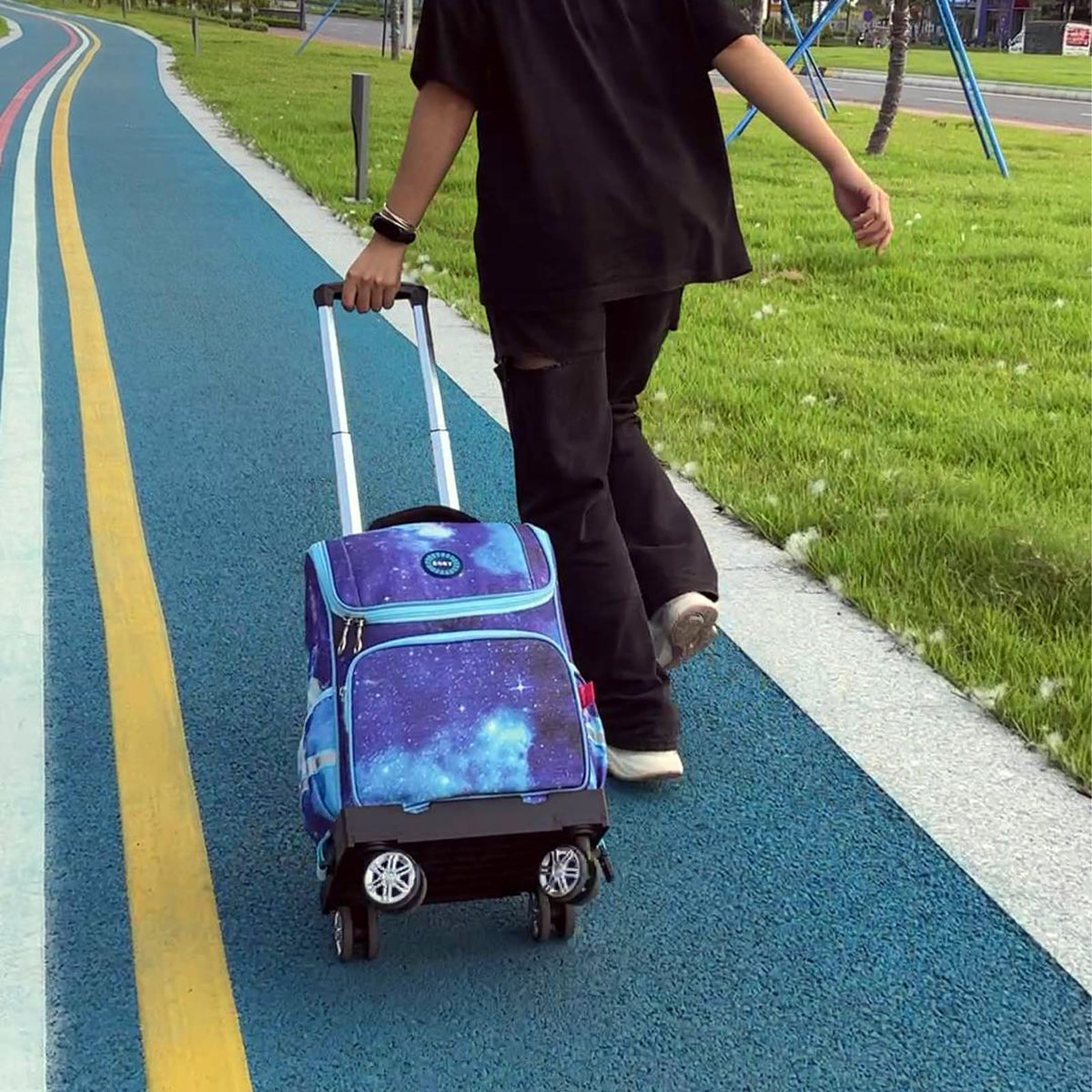 Backpack Trolley Wheeled Cart, Foldable Aluminium Alloy Hand Truck with Edge Guard Base, 4 Spinner Wheels, Luggage Cart with Luggage Strap for Teenagers, Adults, School,Luggage Trolley for Travel