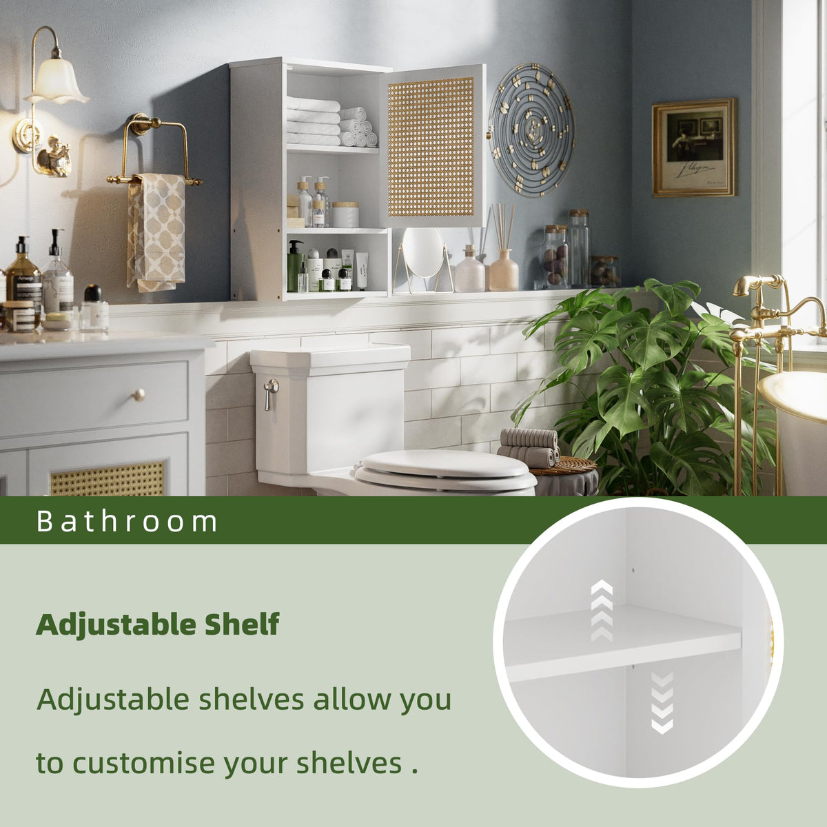 vovala Bathroom Wall Cabinet, Bamboo Over-The-Toilet Storage Organizer with Rattan Doors and Adjustable Shelf, Space Saver Medicine Cabinet for Laundry, Kitchen, Living Room (White)