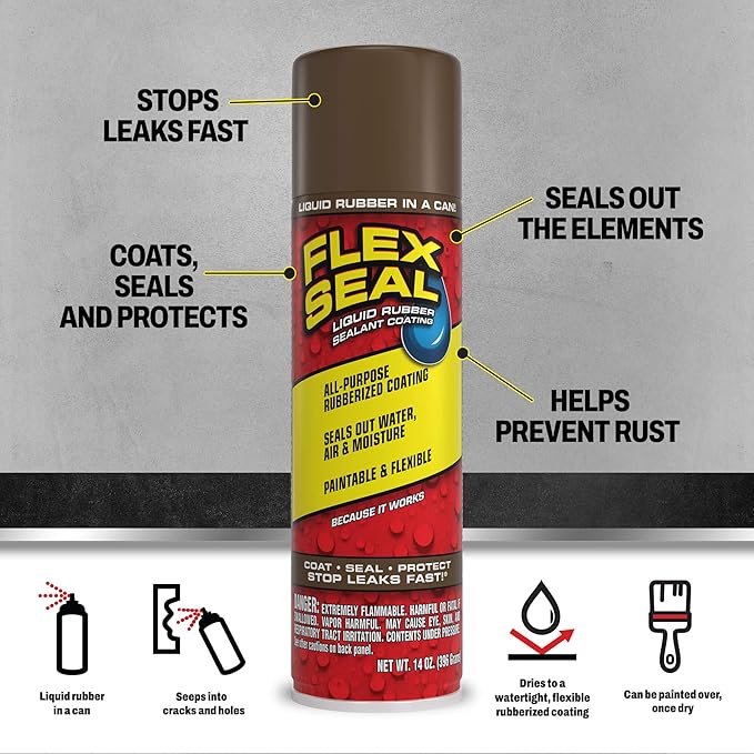 Flex Seal, 14 oz, 2-Pack, Brown, Stop Leaks Instantly, Waterproof Rubber Spray On Sealant Coating, Perfect for Gutters, Wood, RV, Campers, Roof Repair, Skylights, Windows, and More