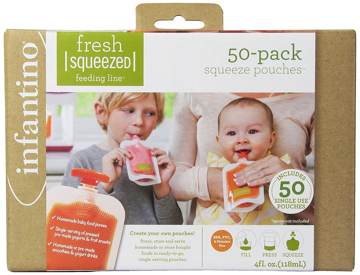 Infantino Disposable Squeeze Pouches, Portable Homemade Semi-Solid Food for Babies and Toddlers, 4 Fl Oz (Pack of 50)