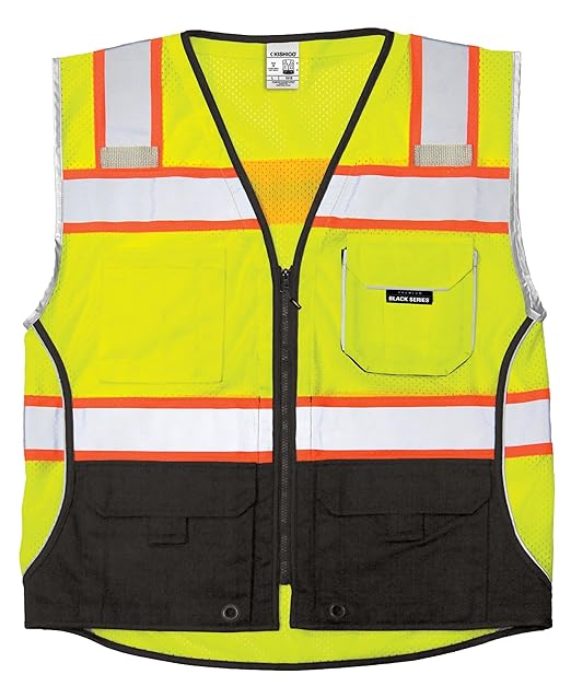 Kishigo Men's High Visibility Reflective Premium Black Series Black Bottom Vest 1515, Zipper Closure, Polyester, ANSI 107 Type R/Class 2, Construction, Utility, Waste Management (Lime, XL)