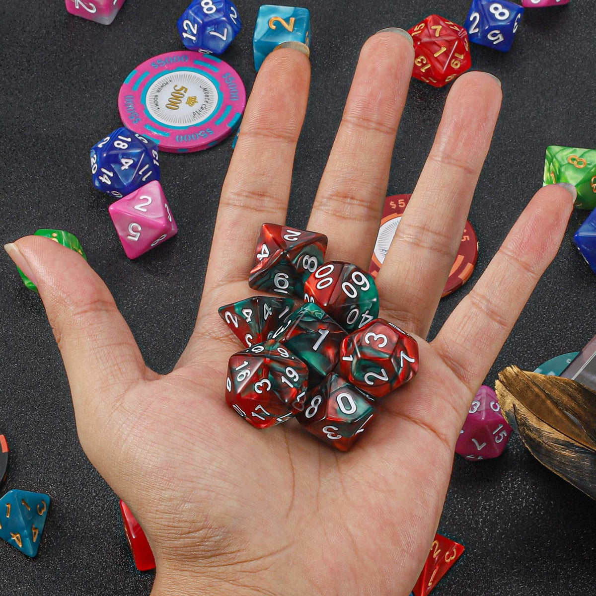 QMAY DND Dice Set - Polyhedral Dice (Red Mix Green) 7 Pcs for Dungeon and Dragons D&D RPG Role Playing Games Dice with Dice Bag