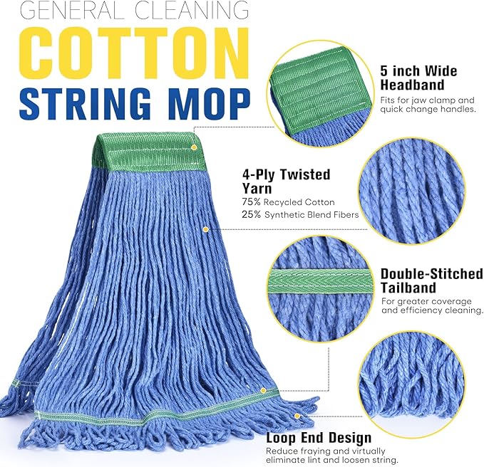Matthew Cleaning Commercial Mop Head Replacement, 5 Inch Wide Headband, Looped End Cotton Blend String Wet Mops for Floor Cleaning, 18 oz Medium, 3-Pack Blue