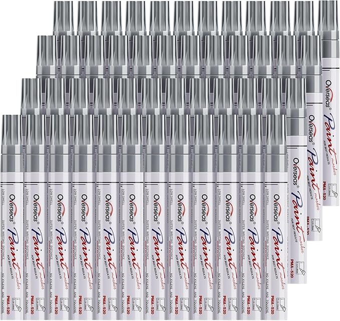 Overseas 48 Silver Paint Pens, Oil Based Permanent Markers Set - Quick Drying, Waterproof, Fade-Resistant, Medium Tip Paint Markers Bulk for Wood, Metal, Rock, Ceramic, Plastic, Canvas, Glass, Rubber