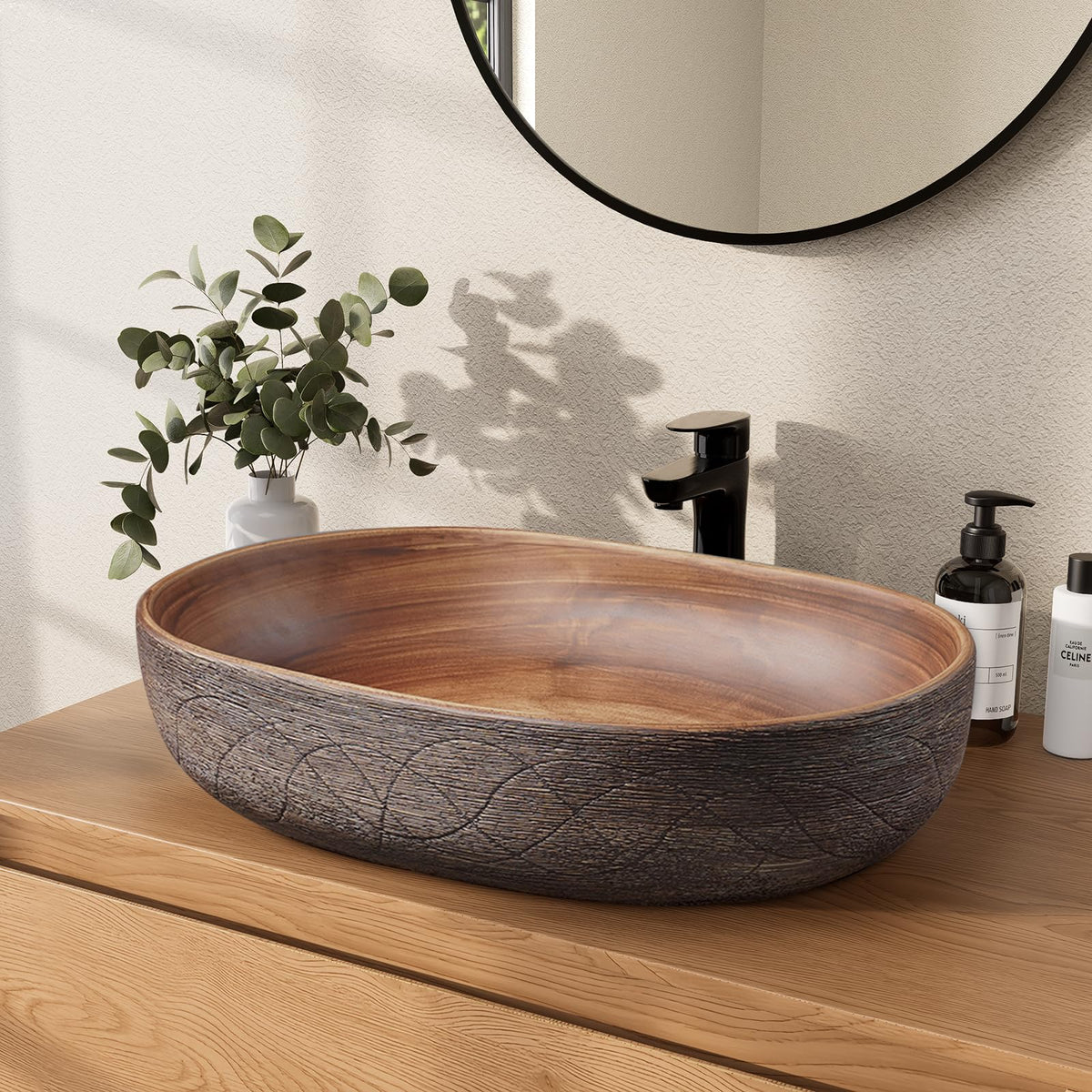 Homary Bathroom Vessel Sink, 23.23" Oval Bowl Sink Retro Ceramic Washbasin Above Counter for Bathroom,Without Pop-up Drain