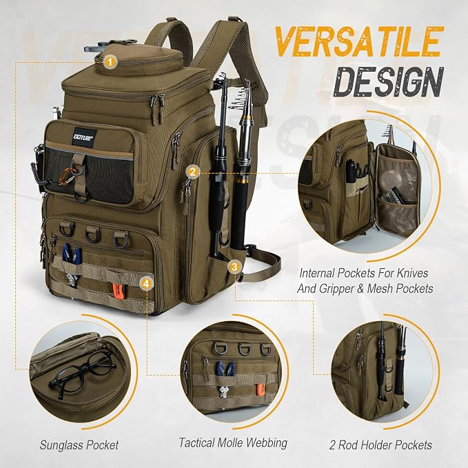 Goture Fishing Backpack, 900D Water-Resistant Tackle Bag with Rod Holders, Insulated Cooler Compartment, 55L Large Capacity Fishing Gear Storage for Saltwater&Freshwater Camping Hiking,Gifts for Men