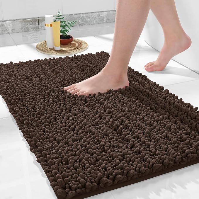 Yimobra Large Bathroom Rugs Non Slip Washable 36x24 Inch - Ultra Soft Absorbent Chenille Bath Mat, Quick Dry Shaggy Floor Carpet for Tub Shower, Brown Home Decor Accessories