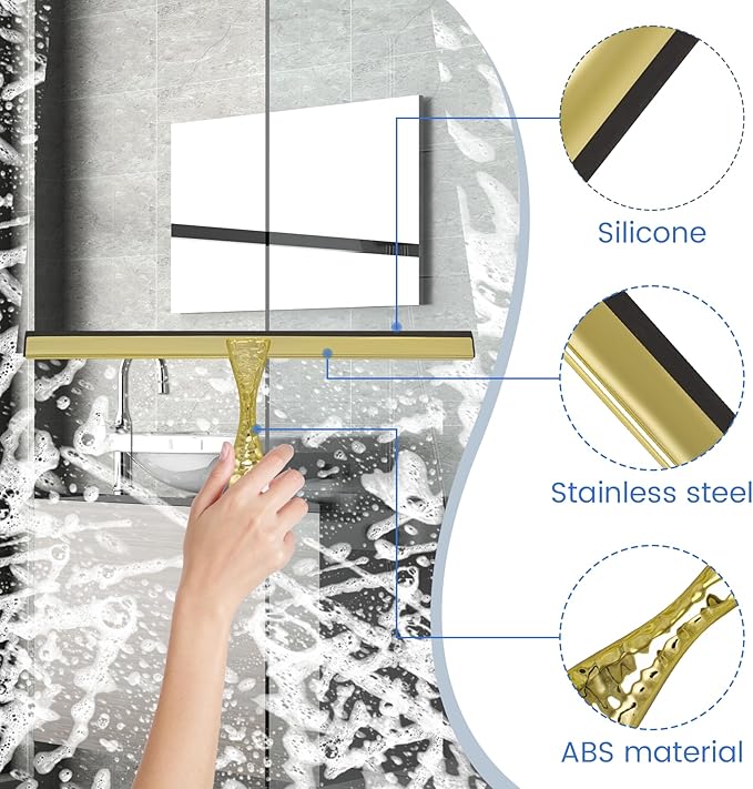All-Purpose Silicone Shower Squeegee for Shower Glass Door,with 1 Hooks,for Bathroom Glass, Car, Tile Wall, Mirror Cleaning - Flower Shaped Handle for Easy-Grip 14 Inch Golden