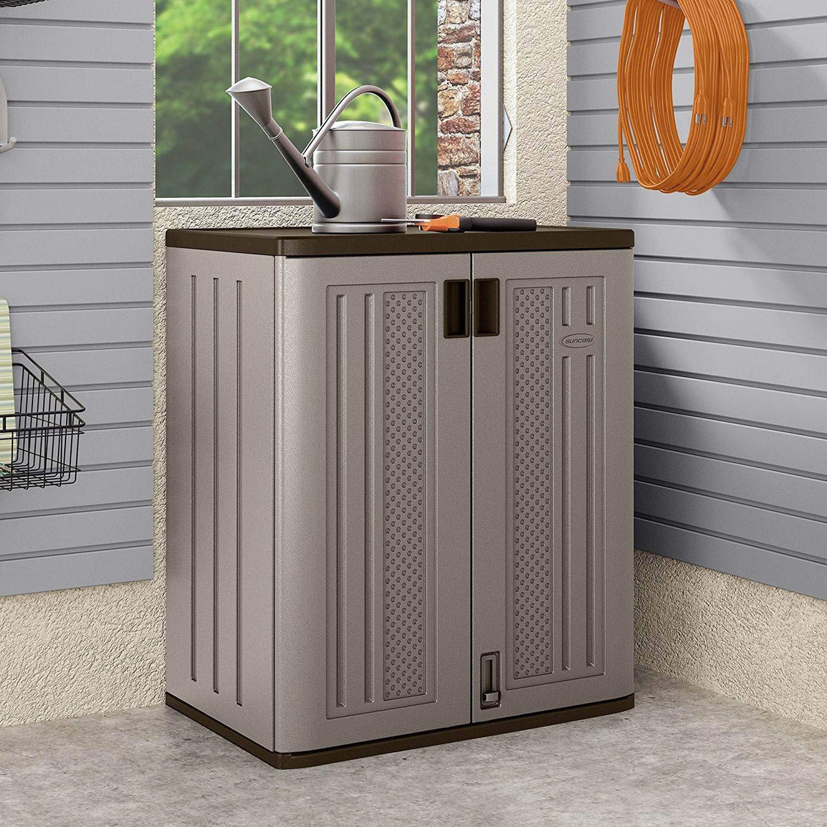 Suncast Base Storage Cabinet for Garage Organization, 9 Cu. Ft. Capacity, Platinum Metallic & Slate - Lockable Multi-Wall 2-Shelf Resin Organizer for Garden Supplies, Paint Cans & Outdoor Tools